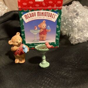 Hallmark Merry Miniatures Bear and Bird Figurine Set - Brown and Red